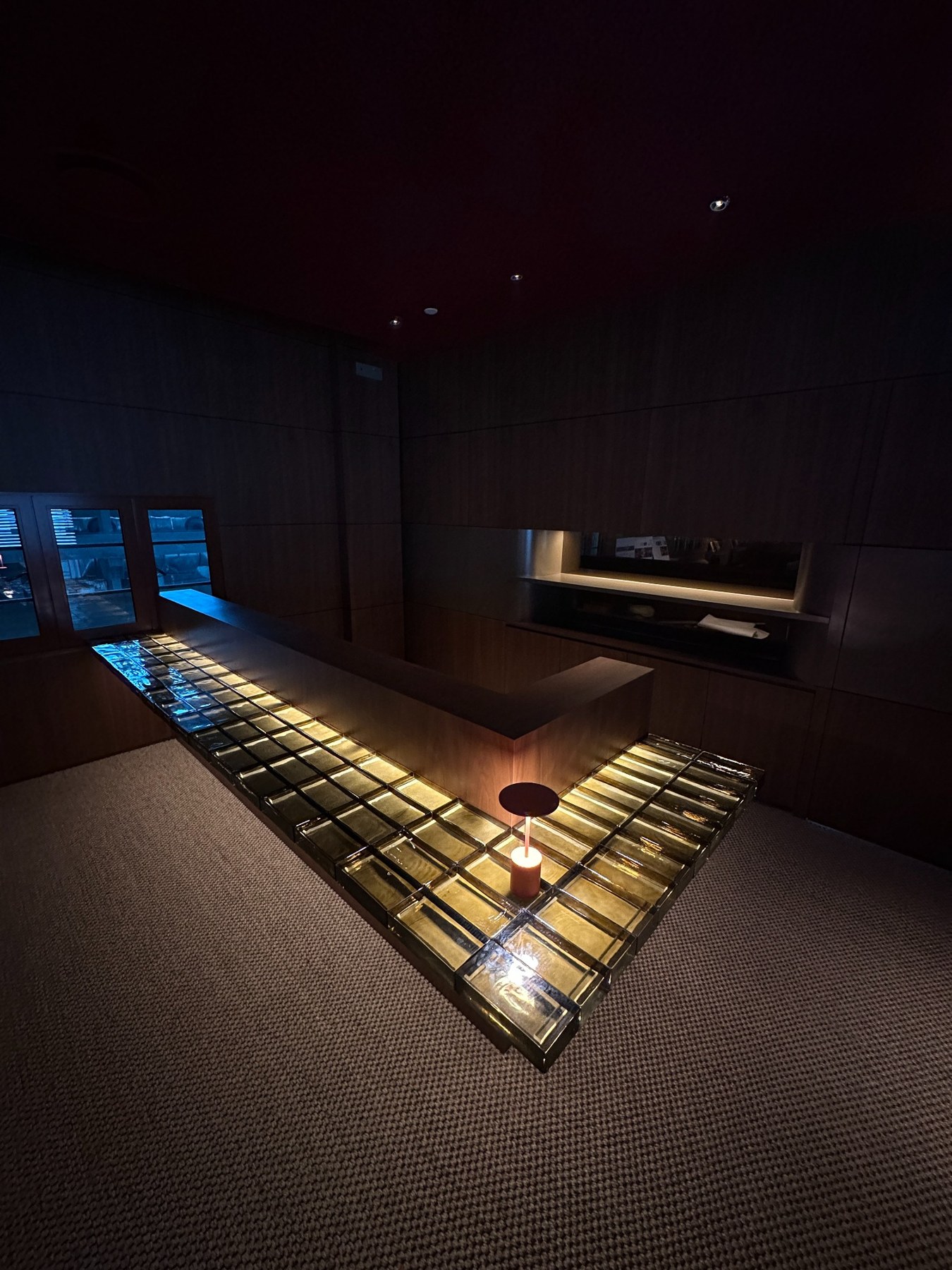 Commercial interior feature counter and illuminated glass blocks